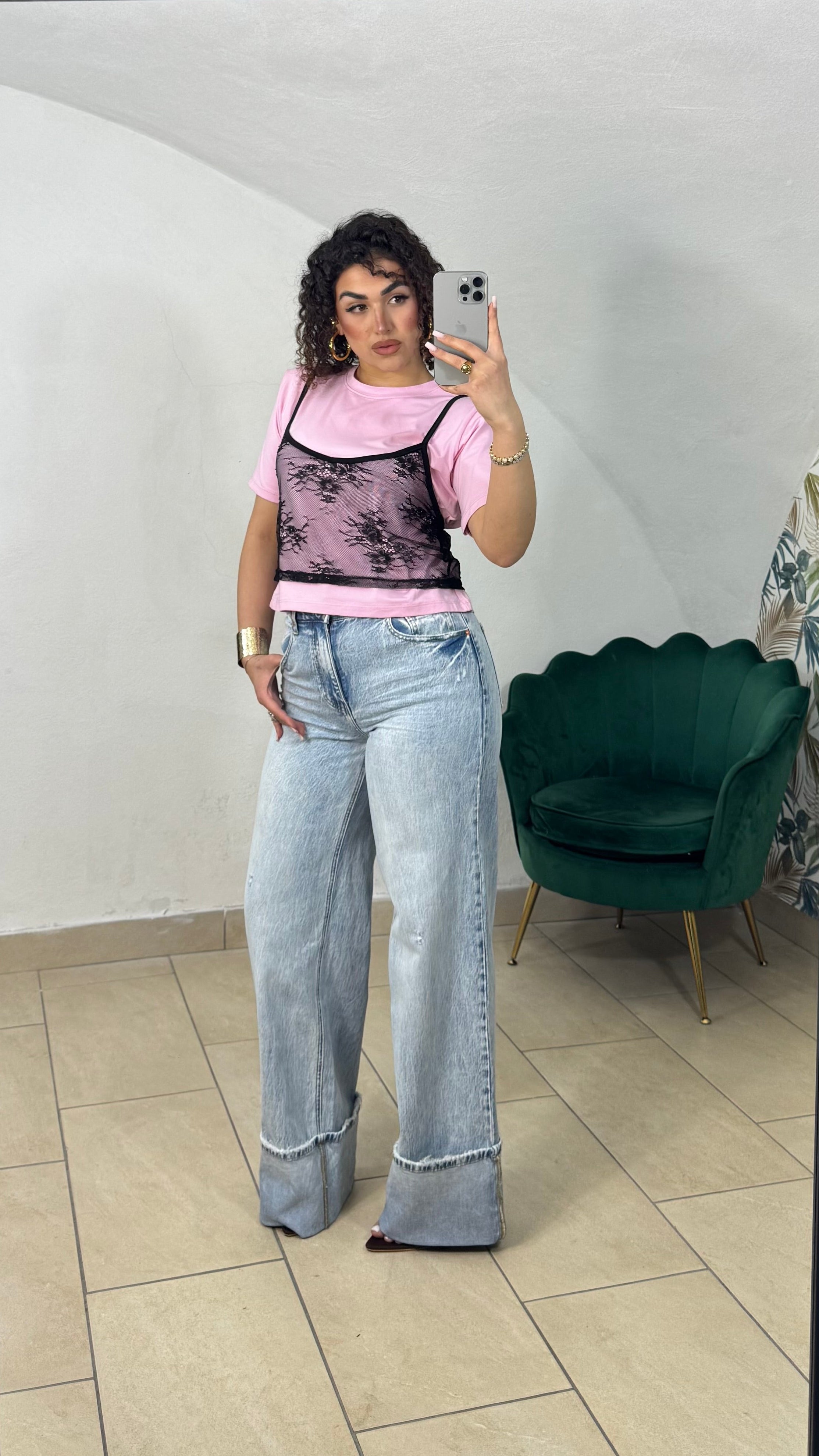 T-shirt Crop con Top in Pizzo