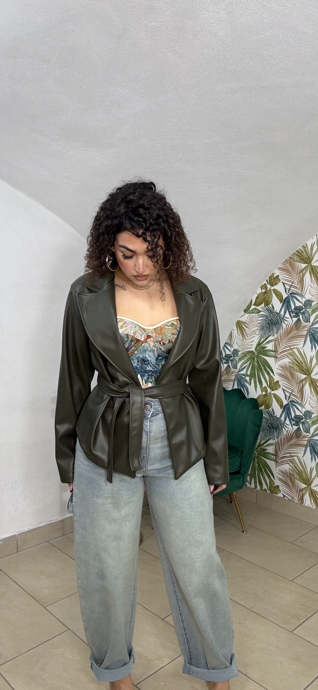 Giacca in Pelle Crop con Fusciacca