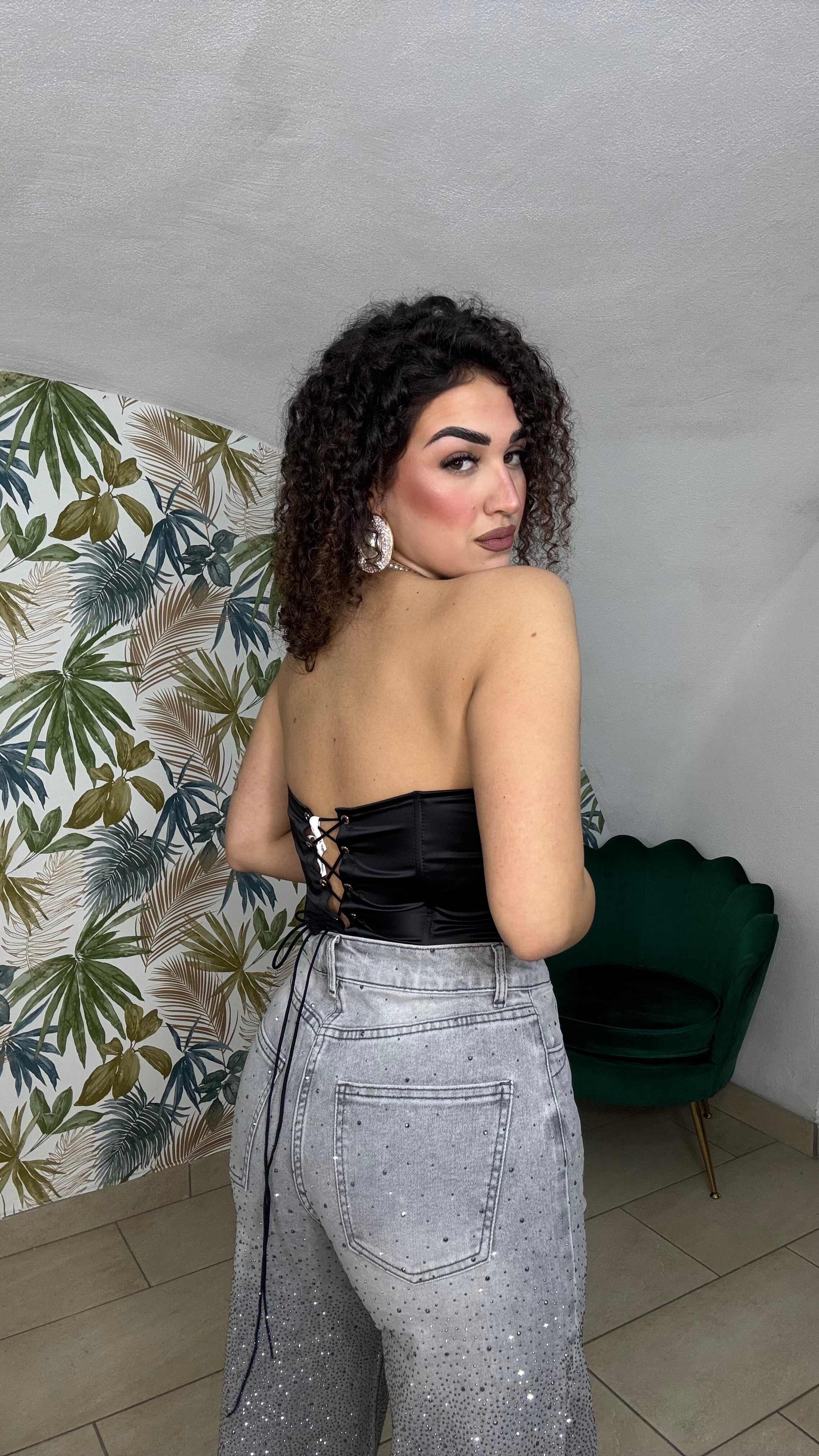 Corsetto Nero Steccato in Simil Raso
