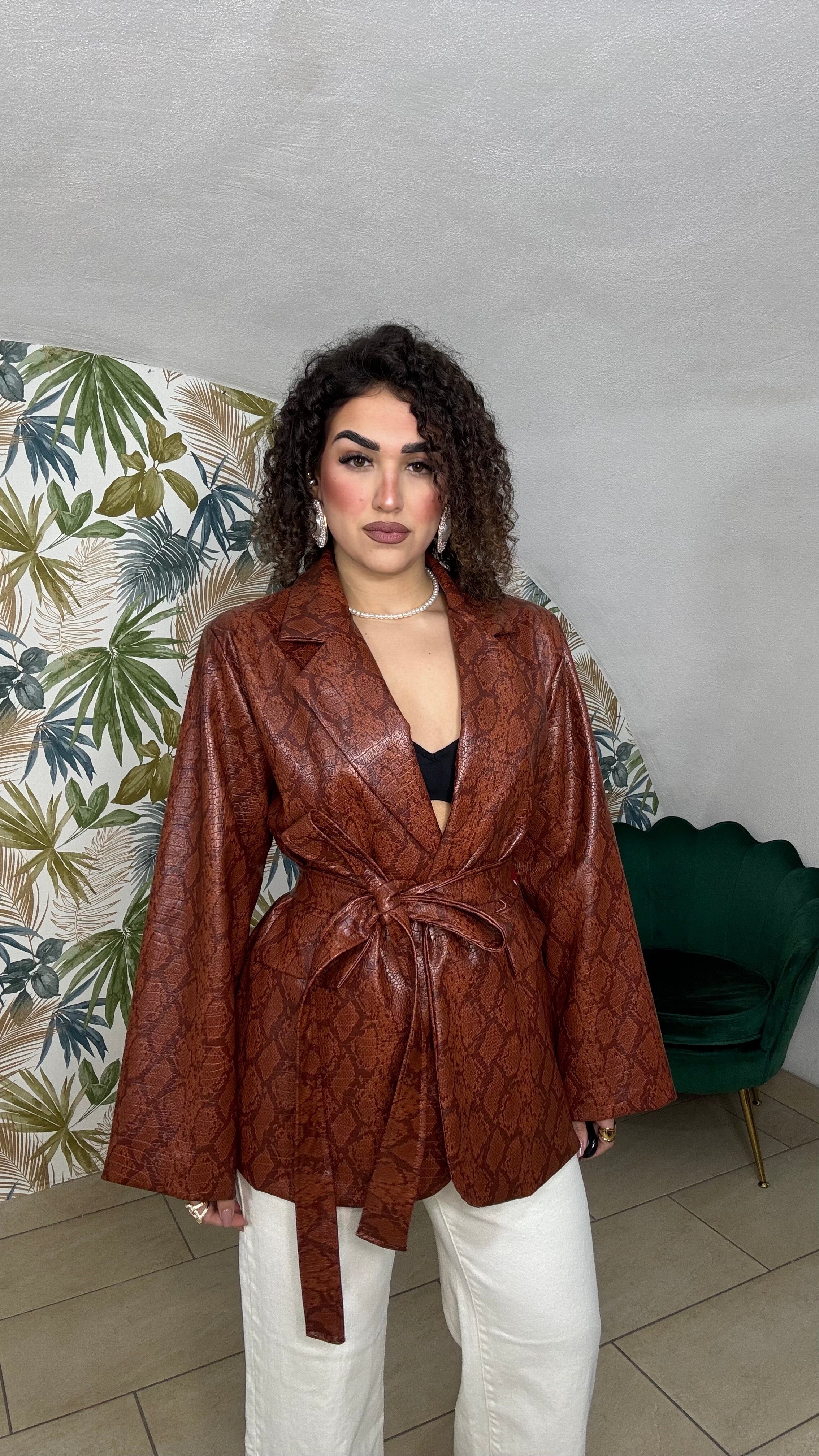 Giacca In Pelle Fantasia Pitonata con Spalla Strutturata