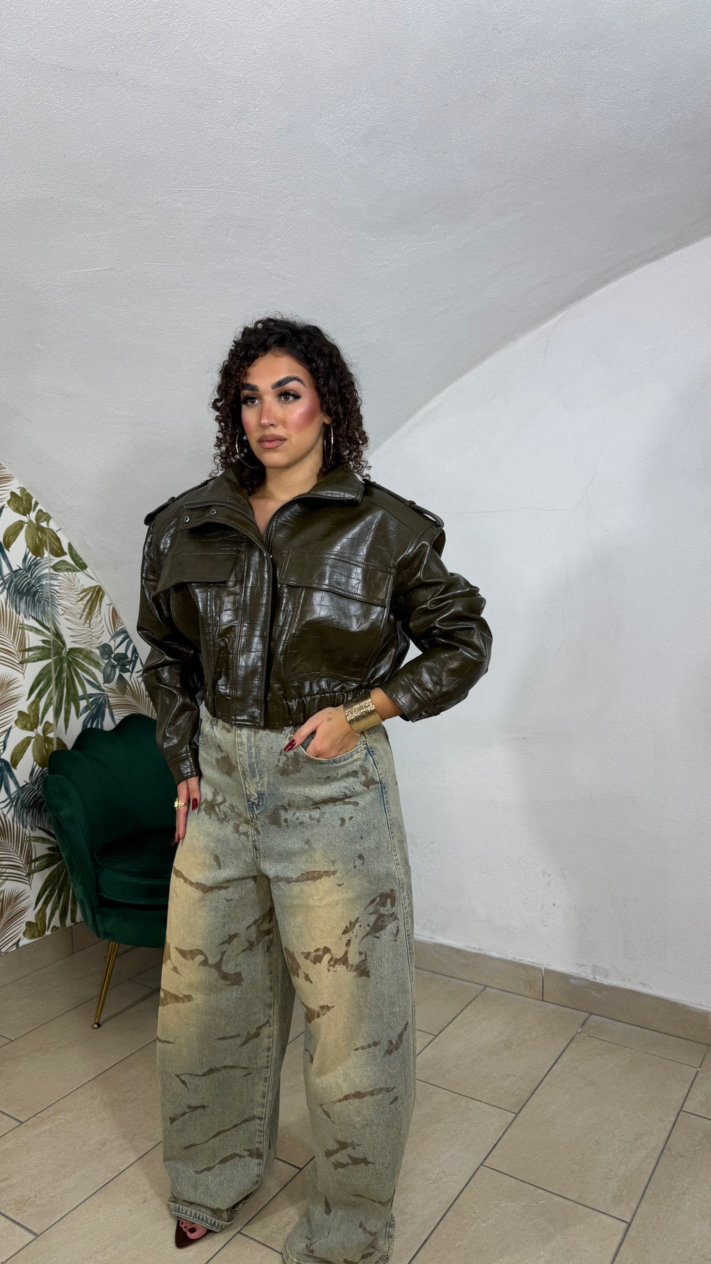 Giacca Cropped Gloss in Ecopelle lucida verde
