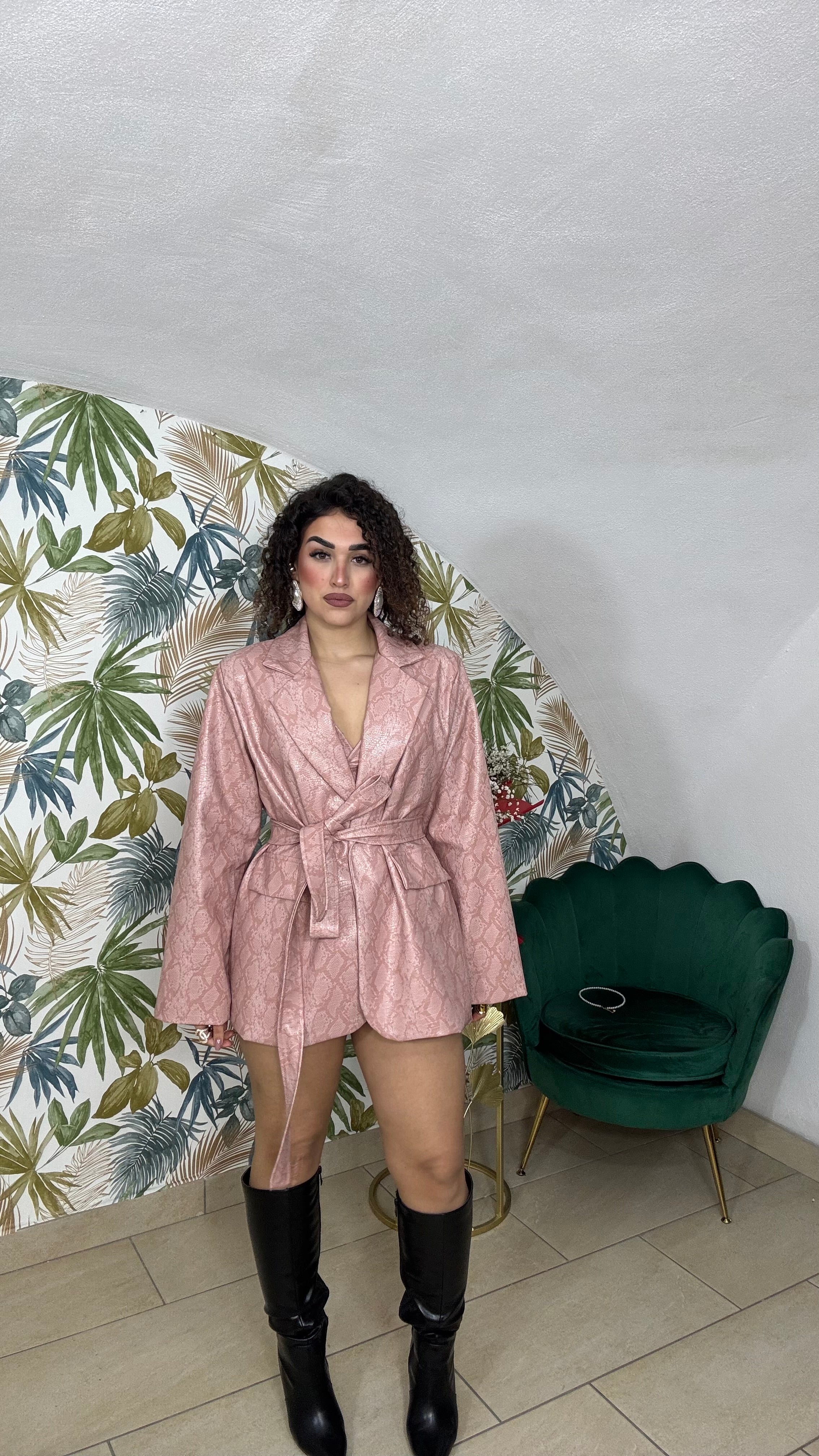 Giacca In Pelle Fantasia Pitonata con Spalla Strutturata