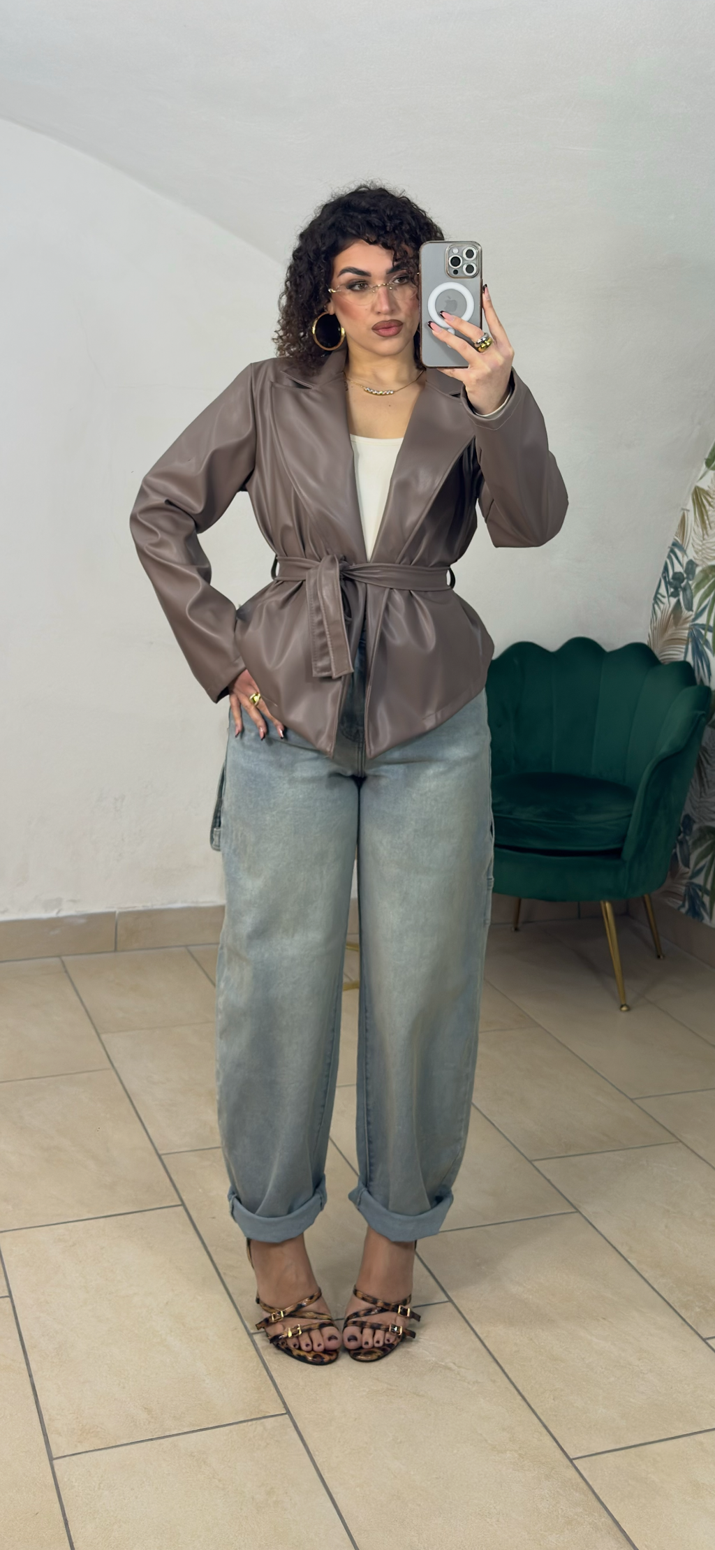 Giacca in Pelle Crop con Fusciacca