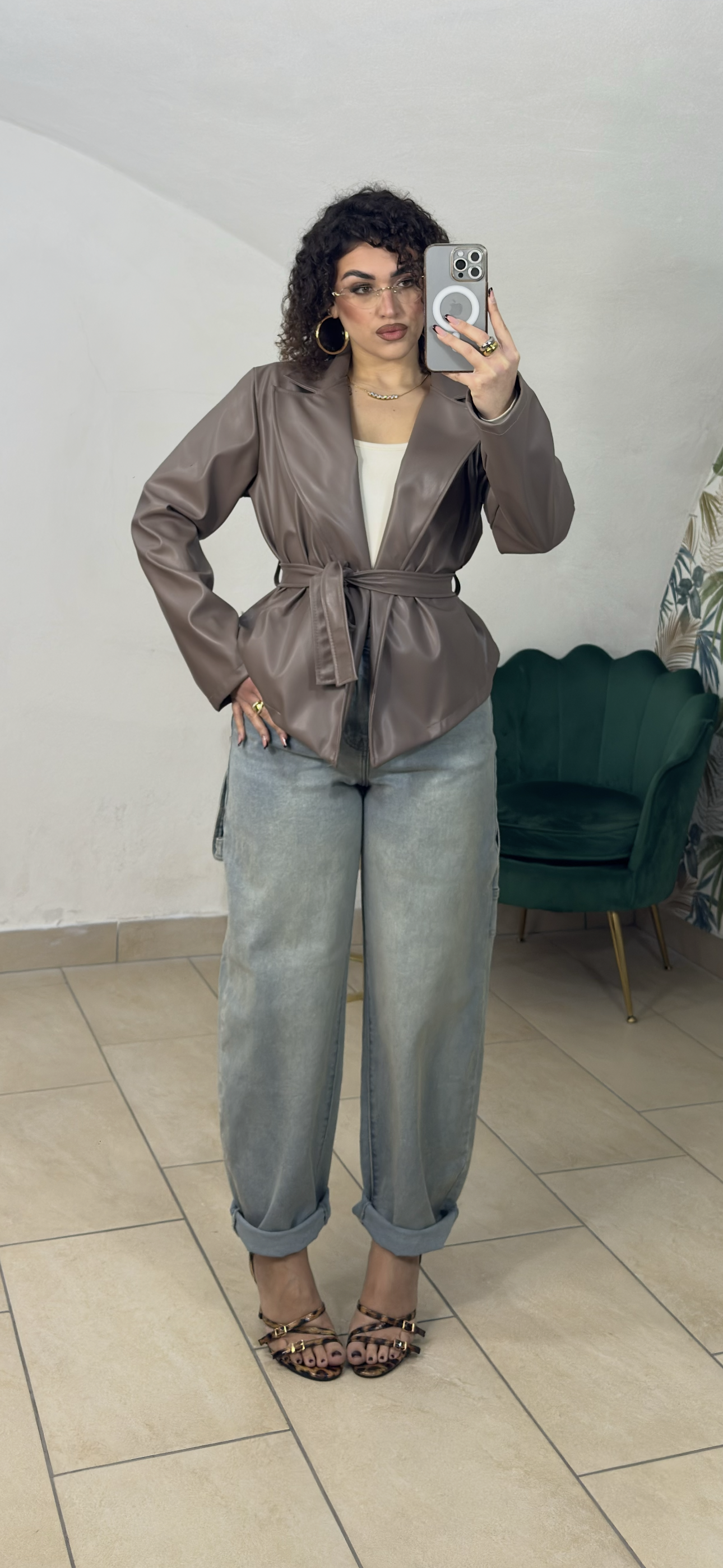 Giacca in Pelle Crop con Fusciacca
