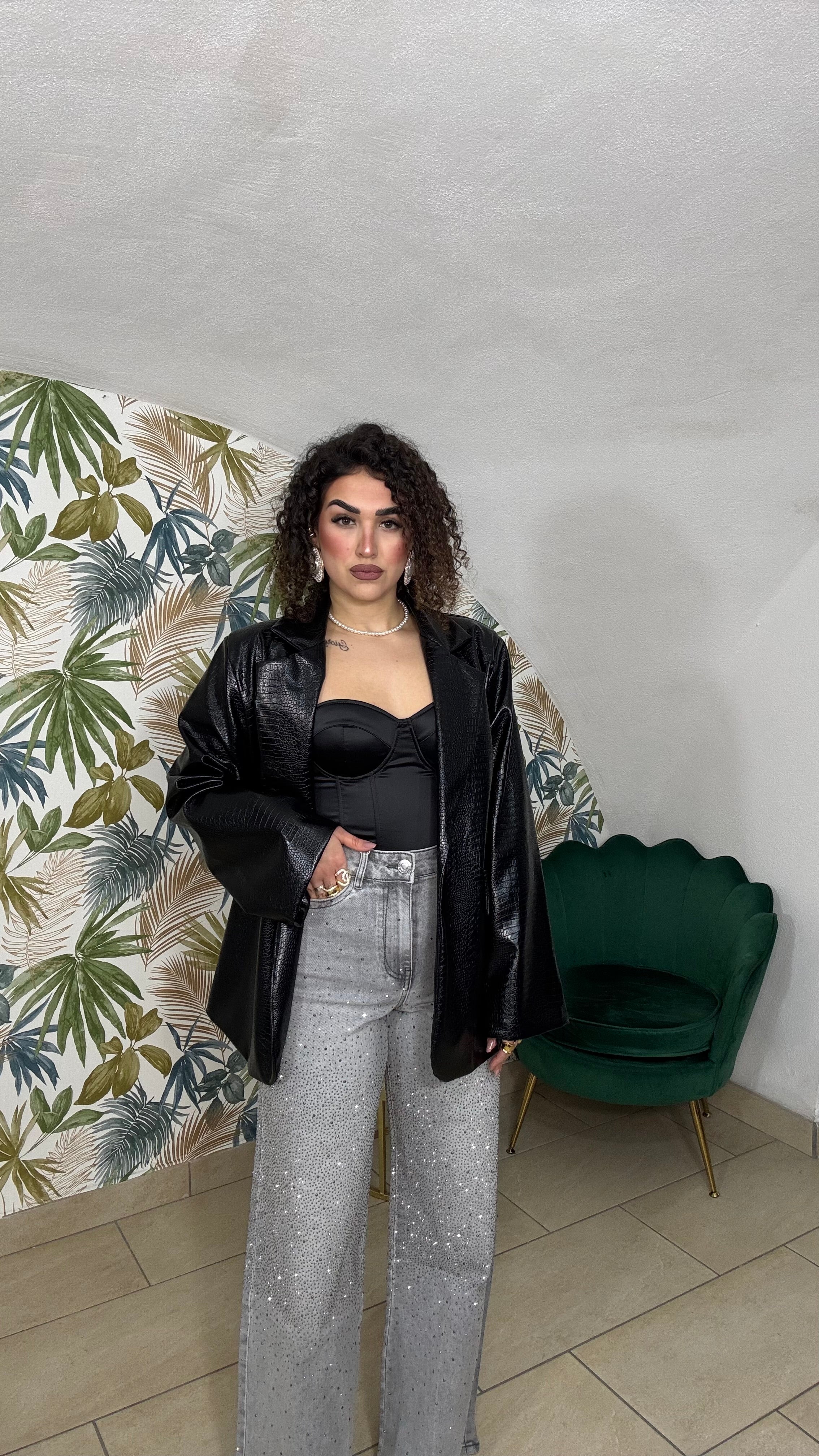 Giacca In Pelle Fantasia Pitonata con Spalla Strutturata