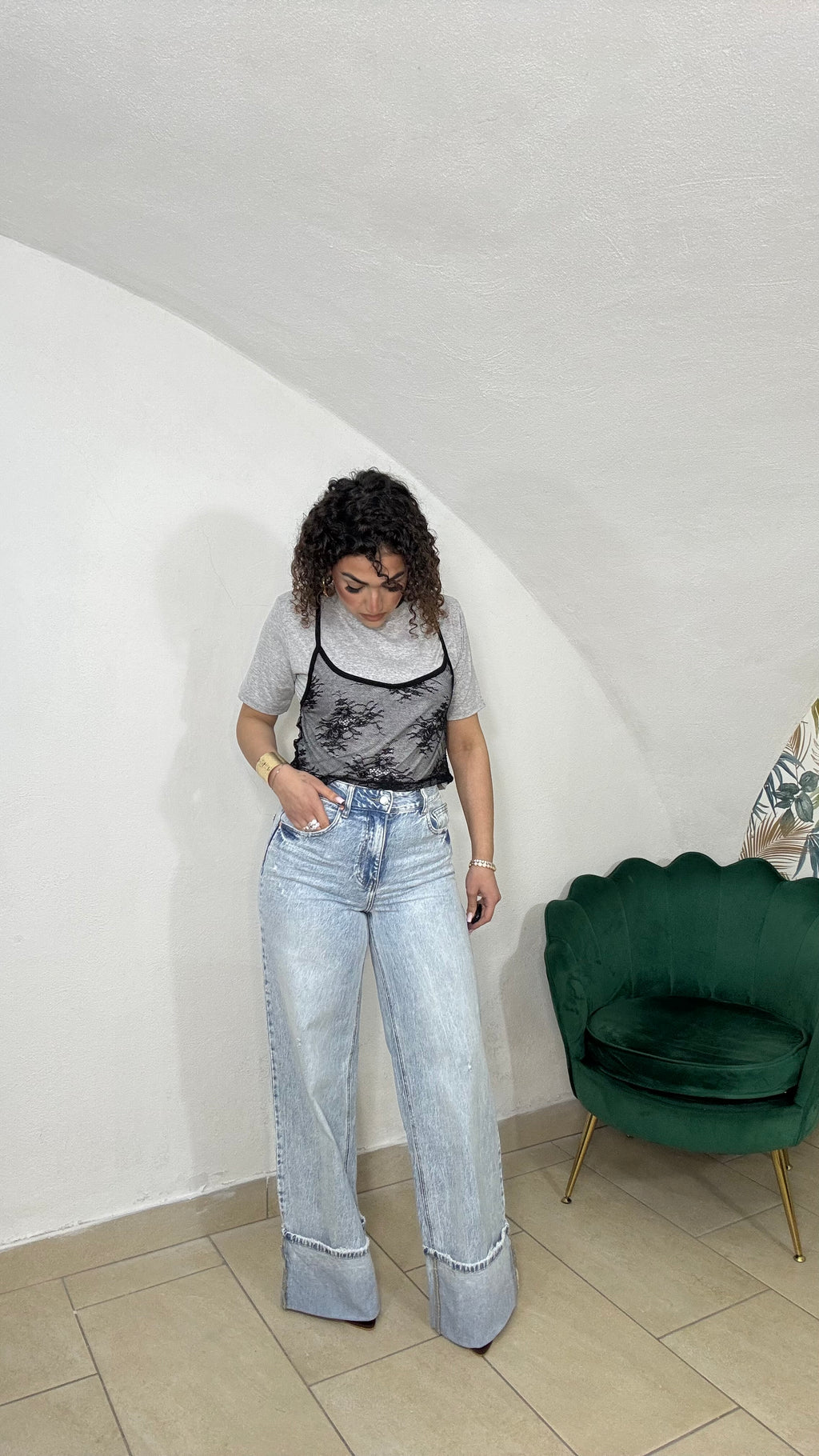T-shirt Crop con Top in Pizzo
