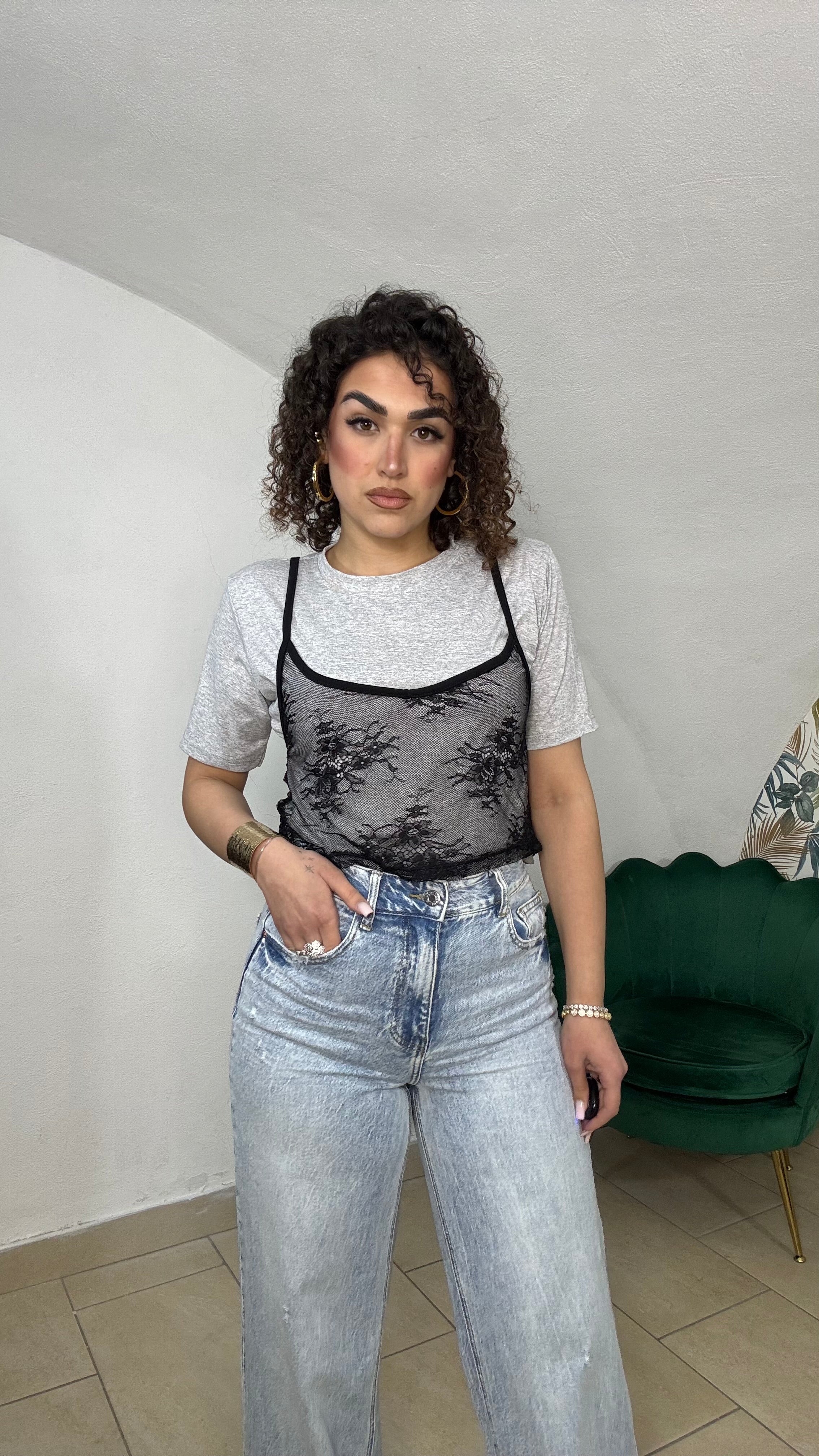 T-shirt Crop con Top in Pizzo