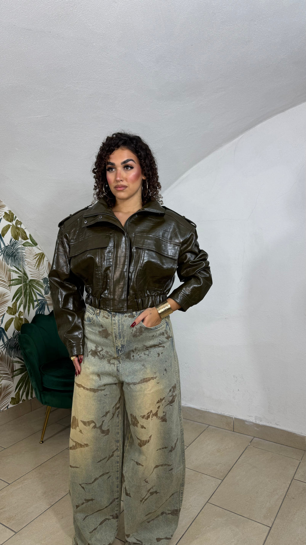 Giacca Cropped Gloss in Ecopelle lucida verde