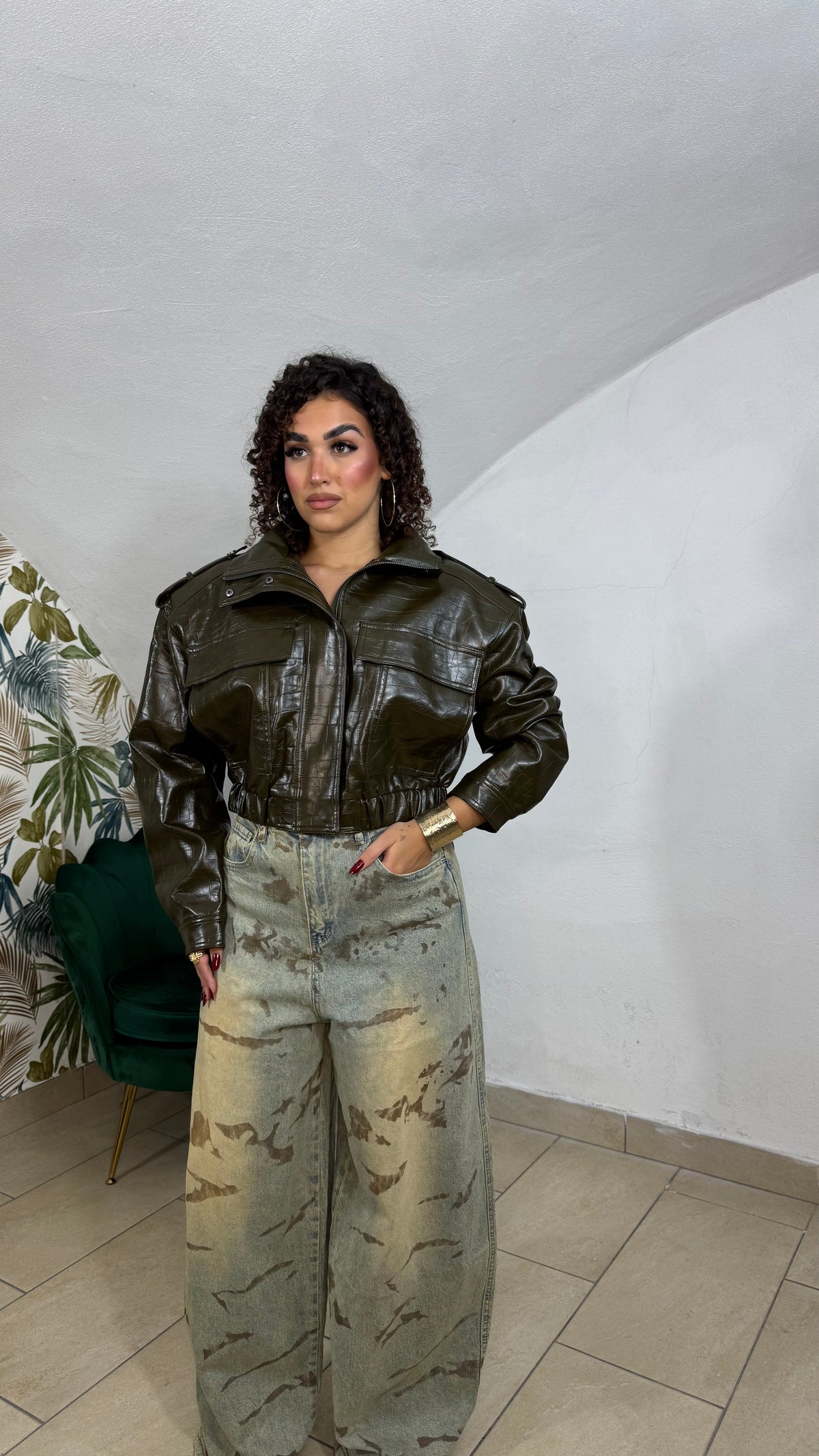 Giacca Cropped Gloss in Ecopelle lucida verde