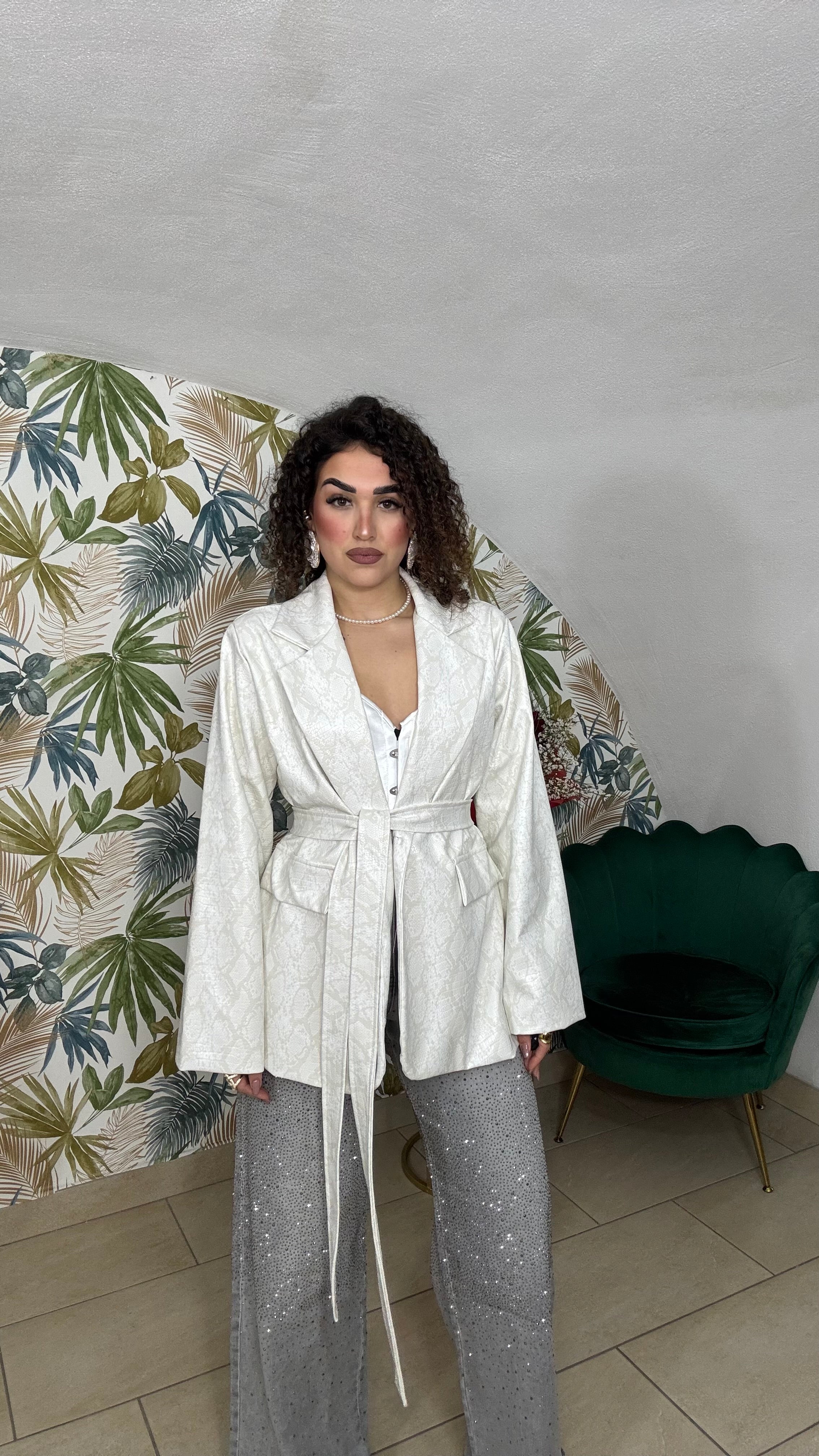 Giacca In Pelle Fantasia Pitonata con Spalla Strutturata